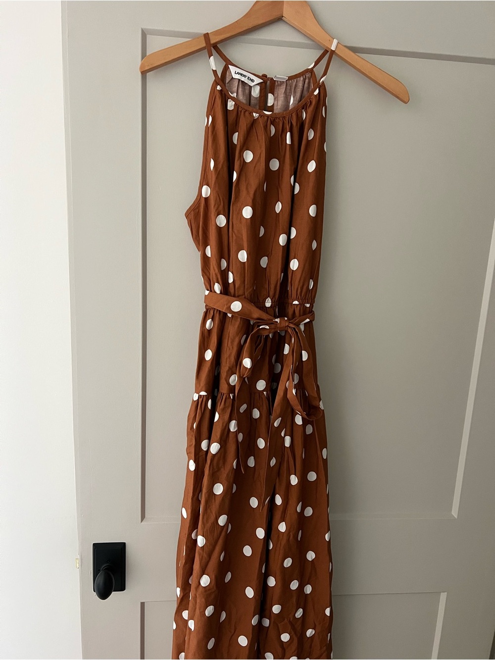 Lands’ End Brown Polka Dot Belted Maxi Dress M 10-12
